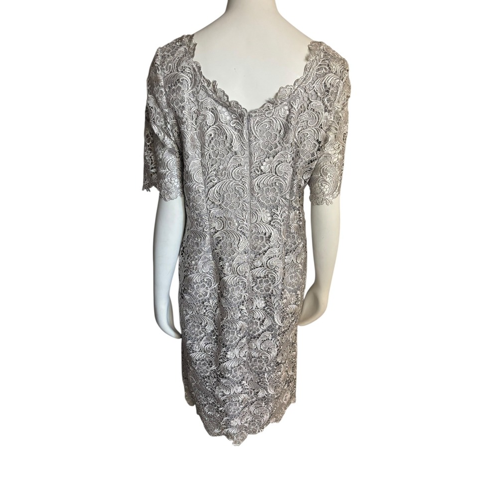 Elegant Silver Lace Sheath Dress Knee Length Short Sleeve Special Occasion S 12 - Picture 2 of 10